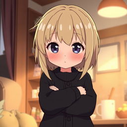A slightly chubby, shy anime girl with dirty blond hair, wearing a long black cardigan sweater
