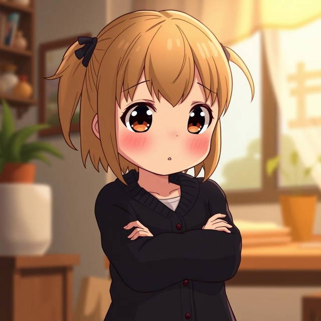 A slightly chubby, shy anime girl with dirty blond hair, wearing a long black cardigan sweater