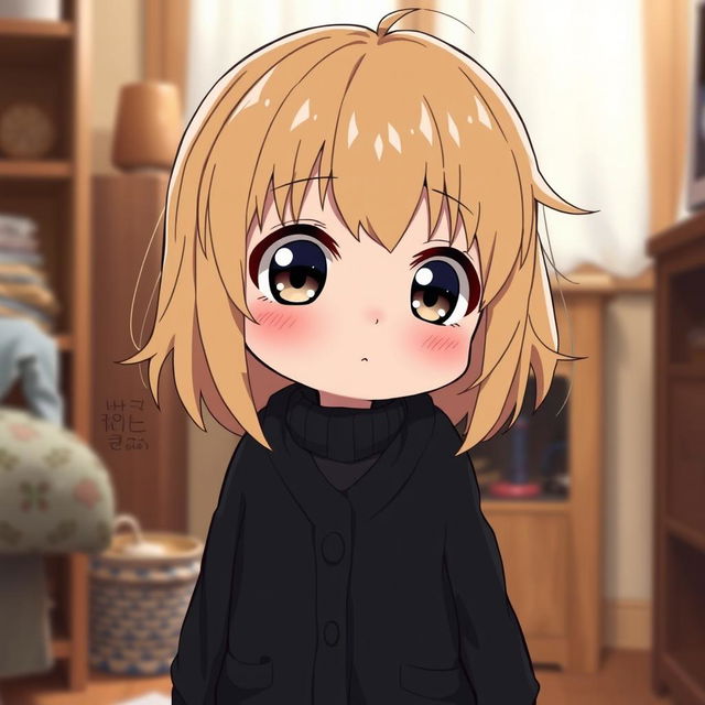 A chubby, shy anime girl with dirty blond hair, wearing a long black cardigan sweater