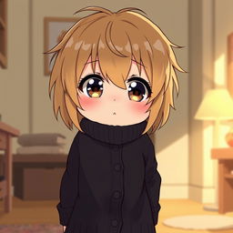 A chubby, shy anime girl with dirty blond hair, wearing a long black cardigan sweater