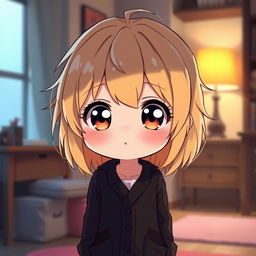 A chubby, shy anime girl with dirty blond hair, wearing a long black cardigan sweater