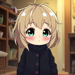 A chubby, shy anime girl with dirty blond hair, wearing a long black cardigan sweater