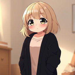 A chubby, shy anime girl with dirty blond hair, wearing an open long black cardigan sweater