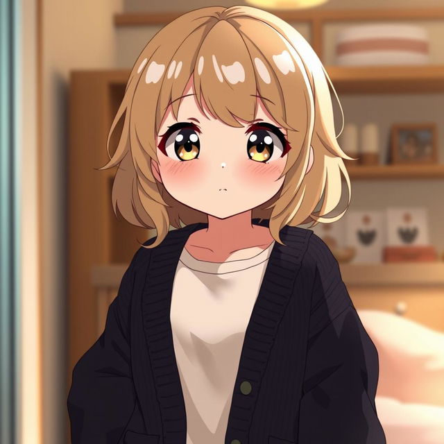 A chubby, shy anime girl with dirty blond hair, wearing an open long black cardigan sweater