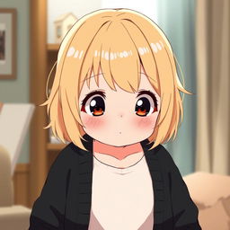 A chubby, shy anime girl with dirty blond hair, wearing an open long black cardigan sweater
