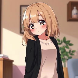 A chubby, shy anime girl with dirty blond hair, wearing an open long black cardigan sweater