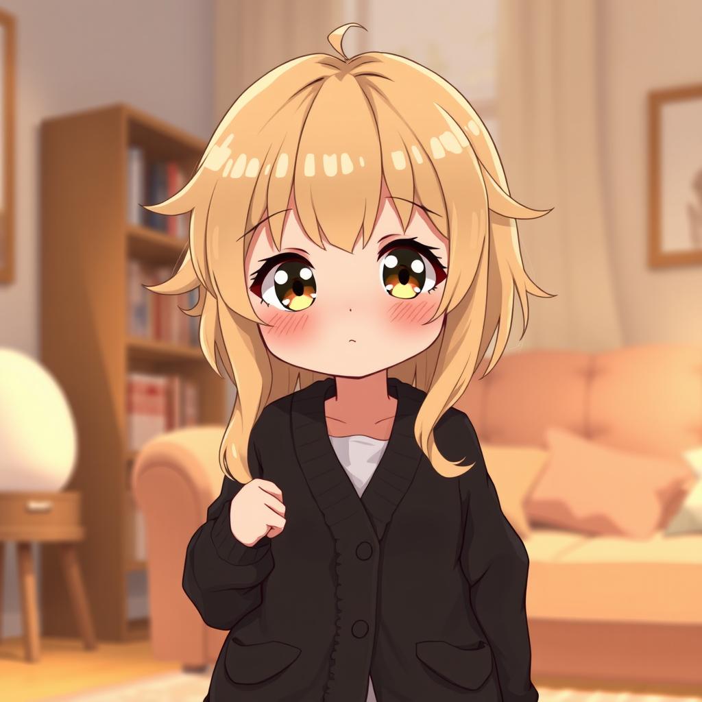 A cute, pudgy, shy anime girl with dirty blonde hair, wearing an open, long black cardigan sweater