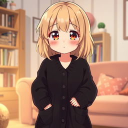 A cute, pudgy, shy anime girl with dirty blonde hair, wearing an open, long black cardigan sweater