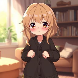 A cute, pudgy, shy anime girl with dirty blonde hair, wearing an open, long black cardigan sweater