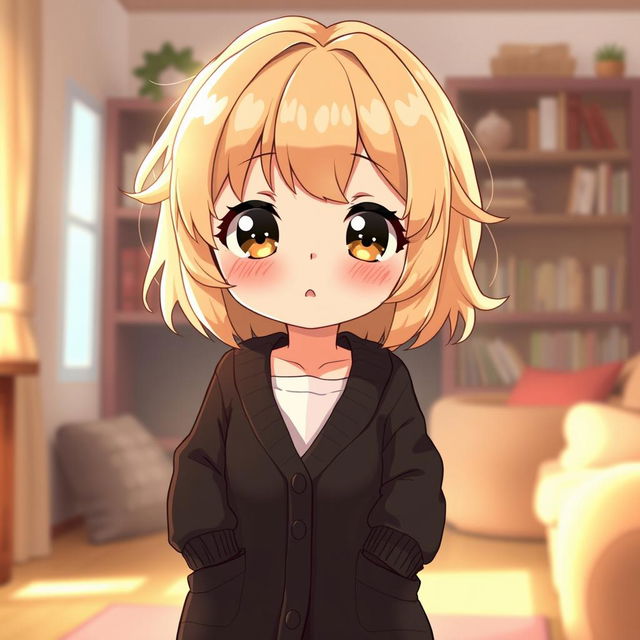 A cute, pudgy, shy anime girl with dirty blonde hair, wearing an open, long black cardigan sweater