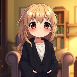 A pudgy, shy anime girl with dirty blond hair, wearing an open, long black cardigan sweater