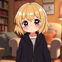 A pudgy, shy anime girl with dirty blond hair, wearing an open, long black cardigan sweater