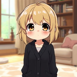 A pudgy, shy anime girl with dirty blond hair, wearing an open, long black cardigan sweater