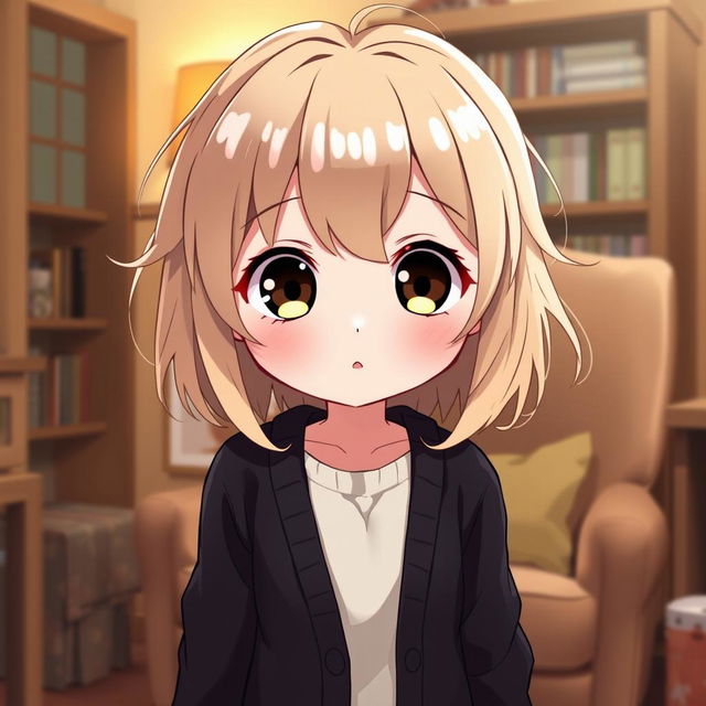 A pudgy, shy anime girl with dirty blond hair, wearing an open, long black cardigan sweater