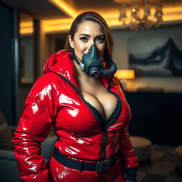 An attractive woman with curvy features stands confidently in a shiny red puffy cold water immersion suit, which enhances her big cleavage