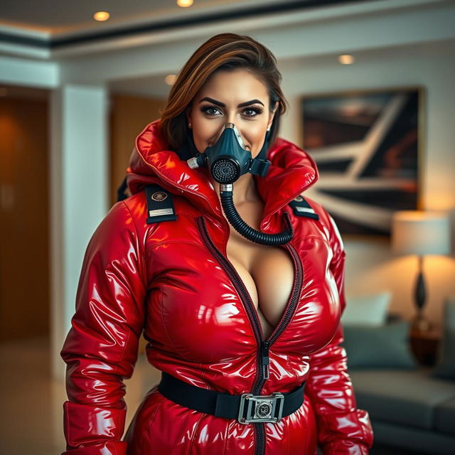 An attractive woman with curvy features stands confidently in a shiny red puffy cold water immersion suit, which enhances her big cleavage