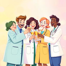 A beautifully illustrated scene depicting a joyful gathering of doctors and scientists celebrating together