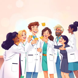 A beautifully illustrated scene depicting a joyful gathering of doctors and scientists celebrating together