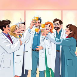 A beautifully illustrated scene depicting a joyful gathering of doctors and scientists celebrating together