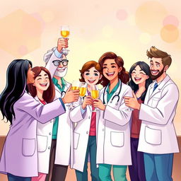 A beautifully illustrated scene depicting a joyful gathering of doctors and scientists celebrating together