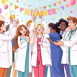 A beautiful illustration depicting a joyful scene with various doctors and scientists celebrating together