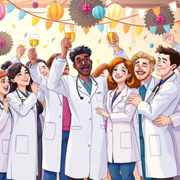 A beautiful illustration depicting a joyful scene with various doctors and scientists celebrating together