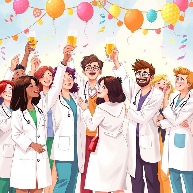 A beautiful illustration depicting a joyful scene with various doctors and scientists celebrating together