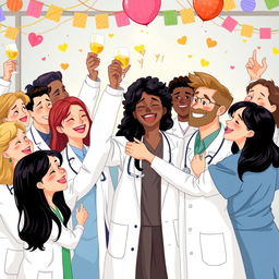 A beautiful illustration depicting a joyful scene with various doctors and scientists celebrating together