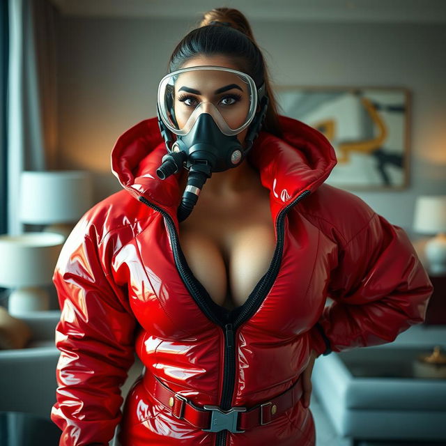 An alluring woman with a curvy figure is featured in a shiny red puffy cold water immersion suit that accentuates her big cleavage