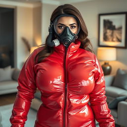 An alluring woman with a curvy figure is featured in a shiny red puffy cold water immersion suit that accentuates her big cleavage