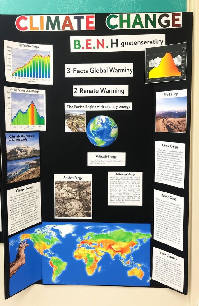 A high school geography project display board focused on climate change and its effects on the earth