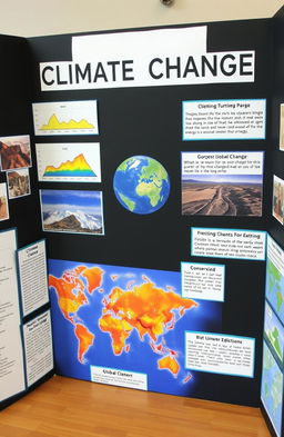 A high school geography project display board focused on climate change and its effects on the earth