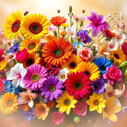 A vibrant and lush floral arrangement showcasing a variety of colorful flowers in full bloom