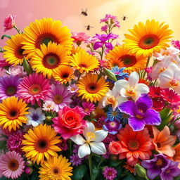 A vibrant and lush floral arrangement showcasing a variety of colorful flowers in full bloom