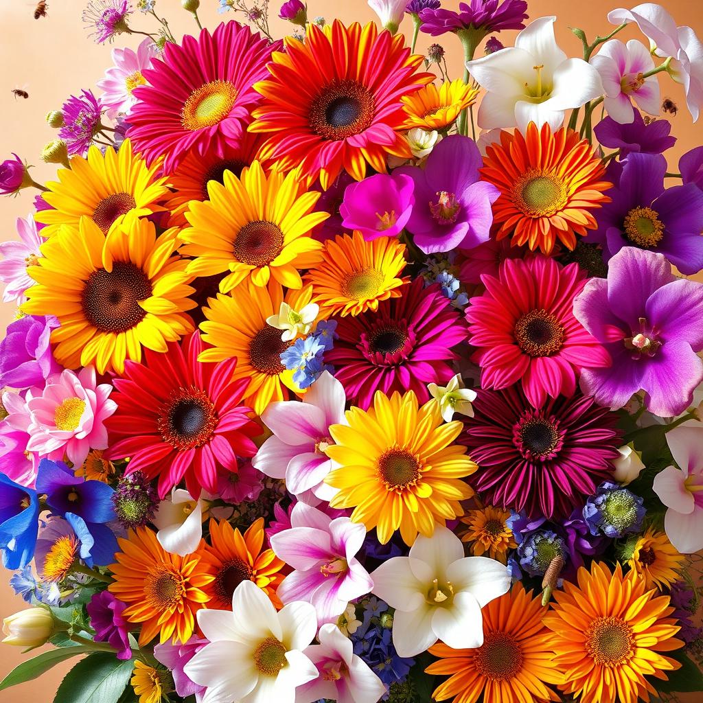 A vibrant and lush floral arrangement showcasing a variety of colorful flowers in full bloom