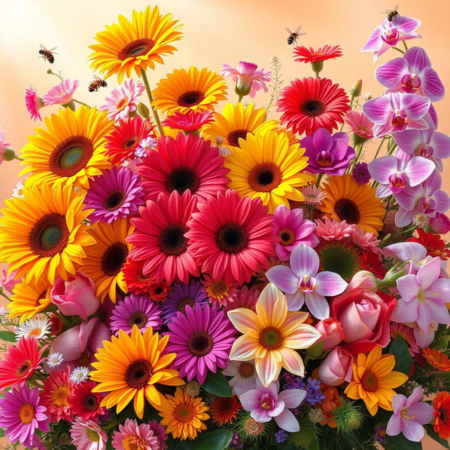 A vibrant and lush floral arrangement showcasing a variety of colorful flowers in full bloom