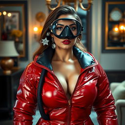 An enticing woman with curvy features stands in a glossy red puffy cold water immersion suit that showcases her ample cleavage
