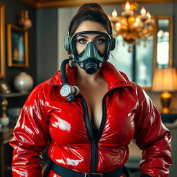 An enticing woman with curvy features stands in a glossy red puffy cold water immersion suit that showcases her ample cleavage