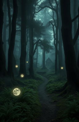 A mysterious scene in an ancient forest shrouded in mist, where ethereal glowing orbs of light float gently among the tall, gnarled trees