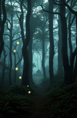 A mysterious scene in an ancient forest shrouded in mist, where ethereal glowing orbs of light float gently among the tall, gnarled trees