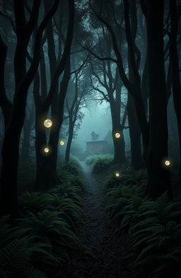 A mysterious scene in an ancient forest shrouded in mist, where ethereal glowing orbs of light float gently among the tall, gnarled trees