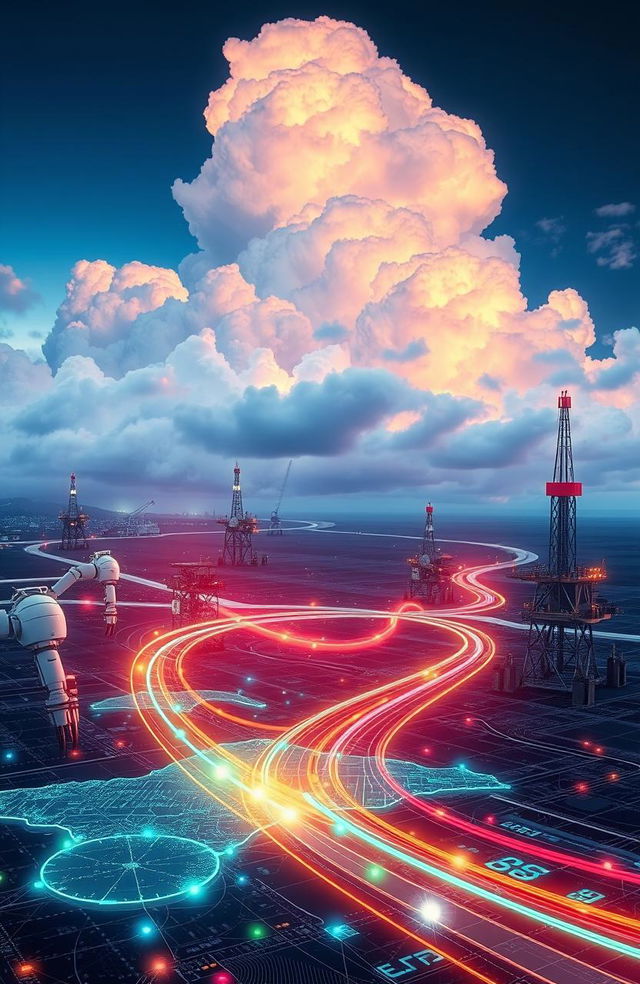 An abstract representation of the integration of artificial intelligence in the oil and gas industry, showcasing advanced technology, drilling rigs, and pipelines