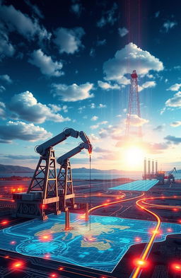 An abstract representation of the integration of artificial intelligence in the oil and gas industry, showcasing advanced technology, drilling rigs, and pipelines