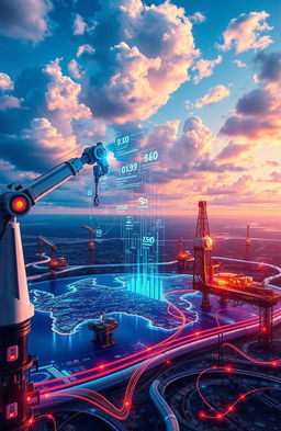 An abstract representation of the integration of artificial intelligence in the oil and gas industry, showcasing advanced technology, drilling rigs, and pipelines