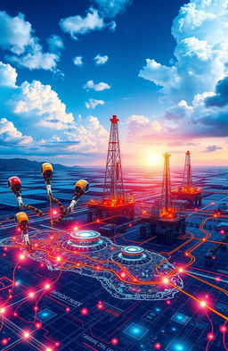 An abstract representation of the integration of artificial intelligence in the oil and gas industry, showcasing advanced technology, drilling rigs, and pipelines