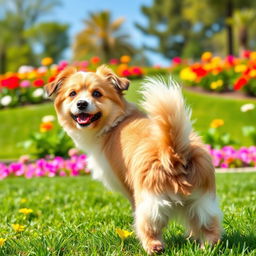 A playful dog striking a 'doggy style' pose, showcasing its fluffy coat and playful demeanor in a vibrant park setting