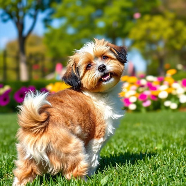 A playful dog striking a 'doggy style' pose, showcasing its fluffy coat and playful demeanor in a vibrant park setting