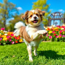 A playful dog striking a 'doggy style' pose, showcasing its fluffy coat and playful demeanor in a vibrant park setting