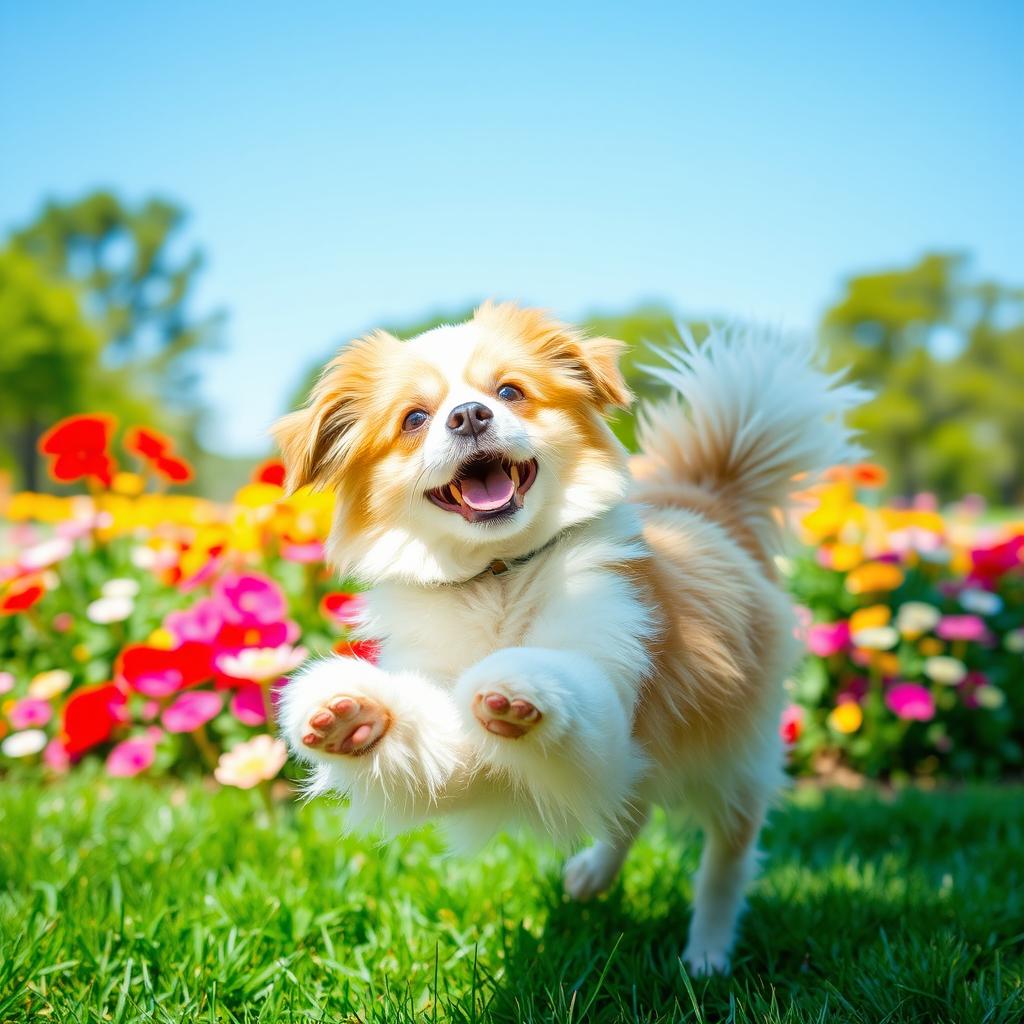 A playful dog striking a 'doggy style' pose, showcasing its fluffy coat and playful demeanor in a vibrant park setting