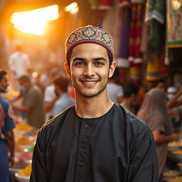 A handsome young Muslim man with striking features, wearing a stylish traditional thobe and a beautifully embroidered kufi cap